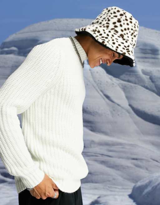 ASOS DESIGN faux fur reversible bucket hat in y2k dalmation print