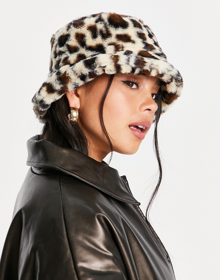 ASOS DESIGN faux fur roll back bucket hat in leopard print-Multi