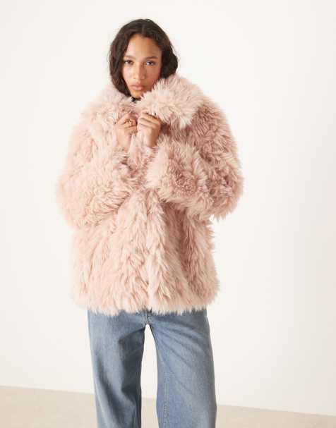ASOS DESIGN faux fur sheepskin coat in dusty pink - view 1