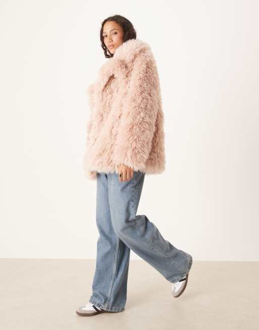 ASOS DESIGN faux fur sheepskin coat in dusty pink, 3 of 4