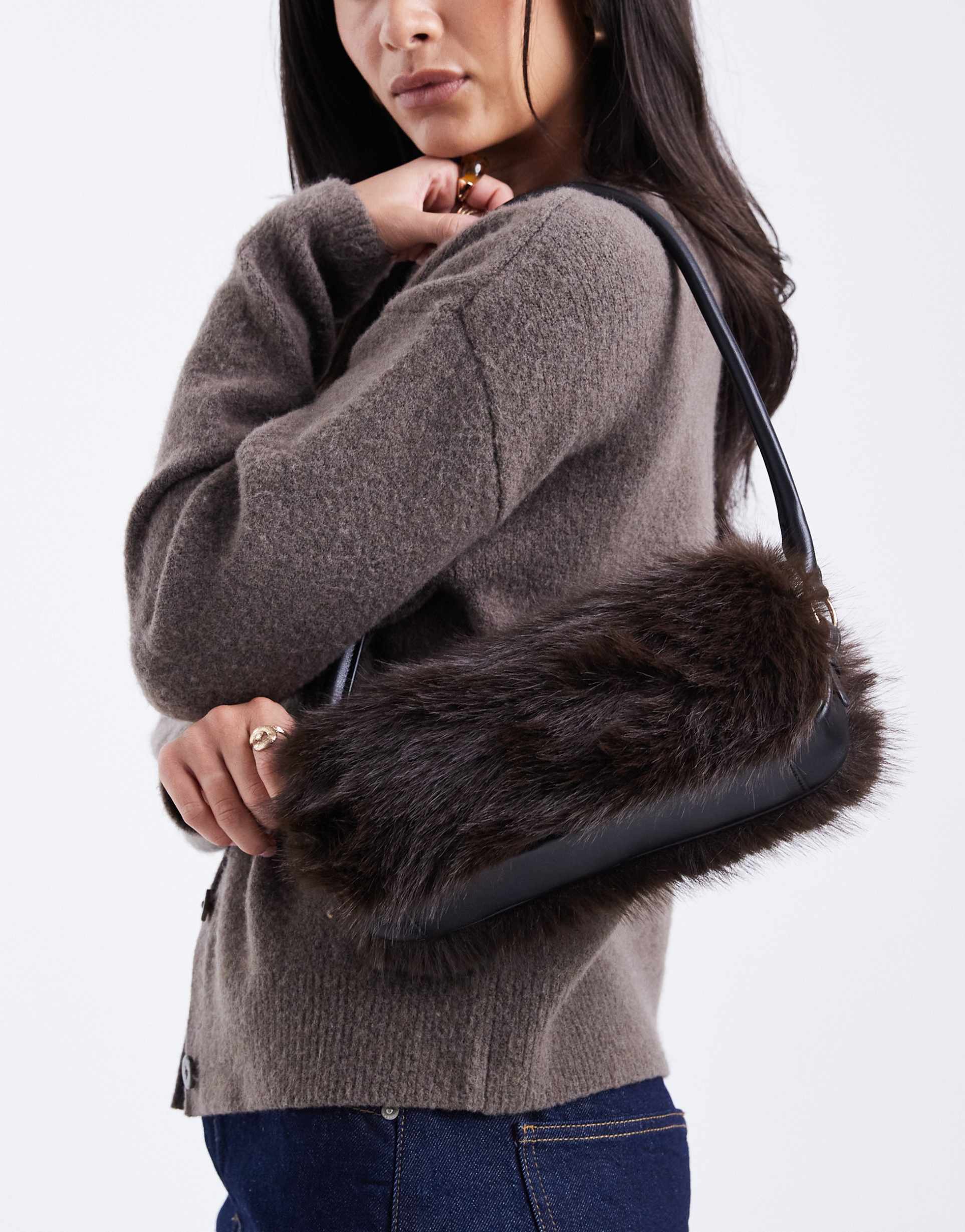 asos design faux fur shoulder bag in chocolate