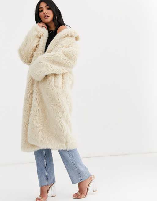 ASOS DESIGN faux fur teddy longline coat in cream