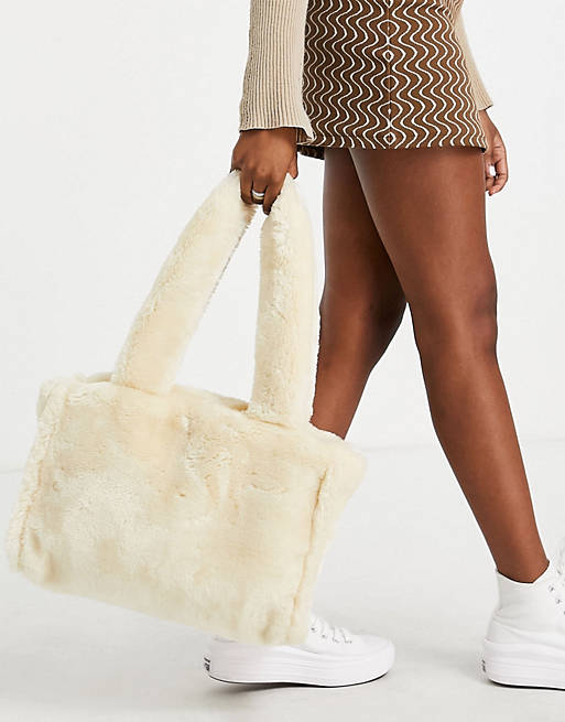 ASOS DESIGN faux fur tote bag in cream