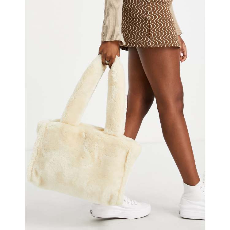 Beige Woven Furry Shoulder Bag