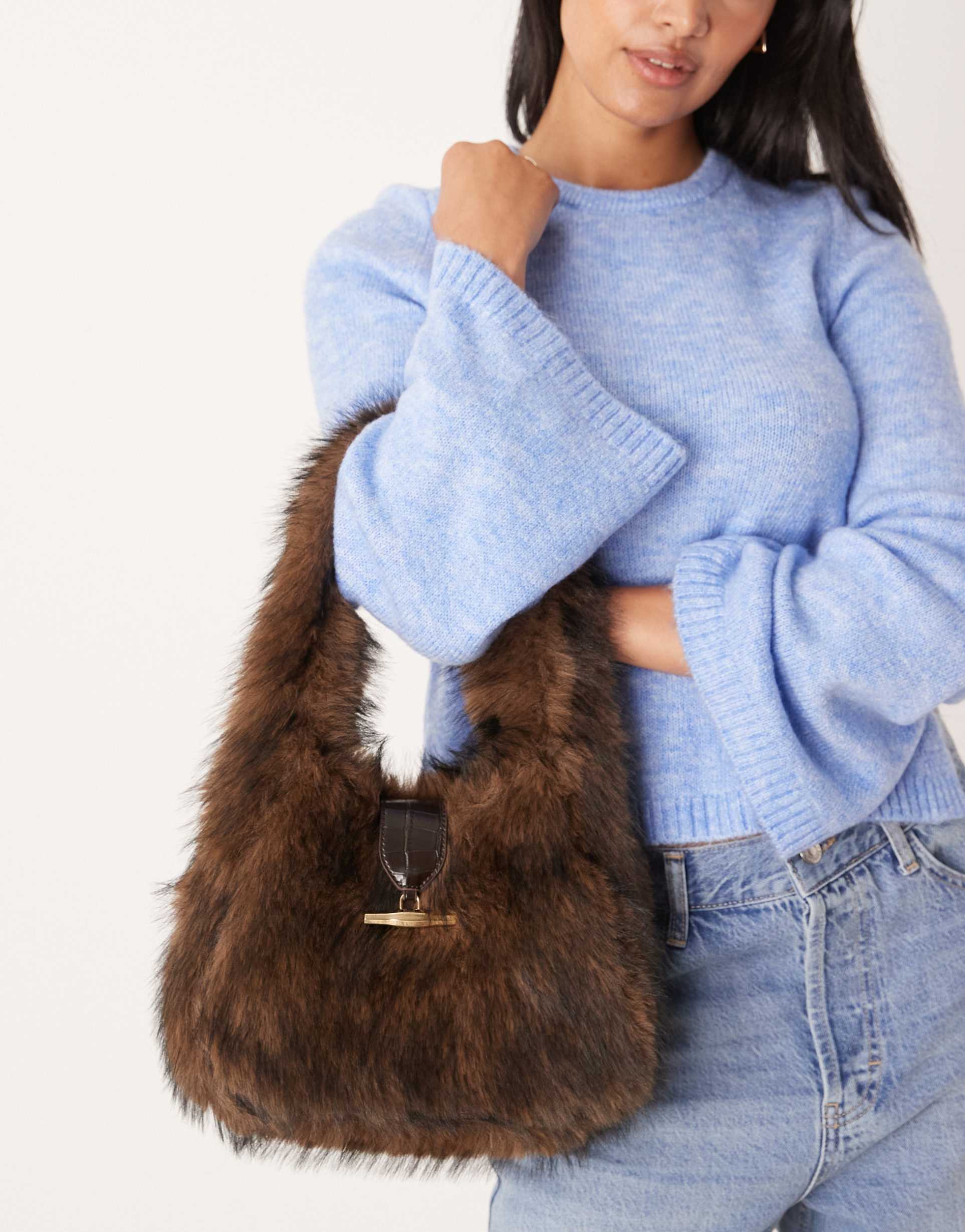asos design faux fur tote bag with metal hardware detail in dark brown