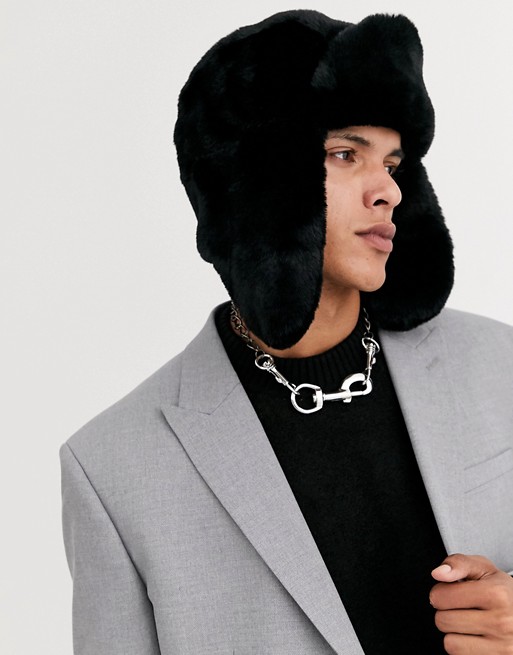 ASOS DESIGN trapper hat in black faux fur