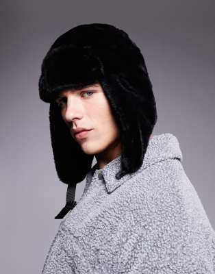 faux fur trapper hat in black