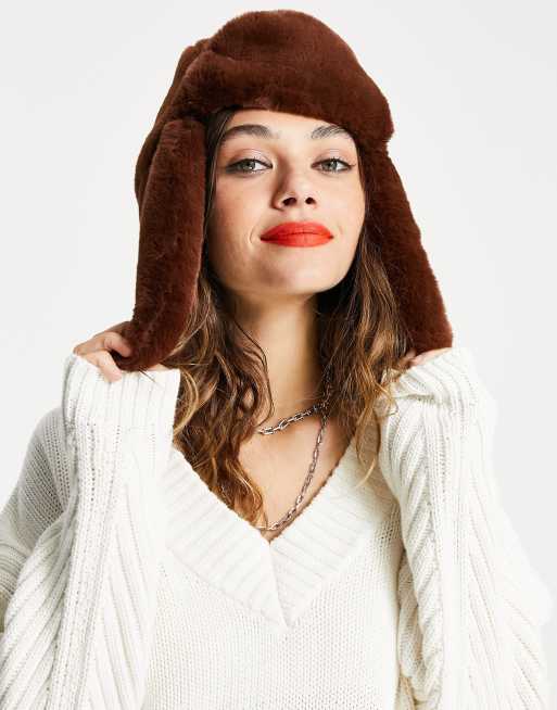 ASOS DESIGN trapper hat with badge in brown faux fur