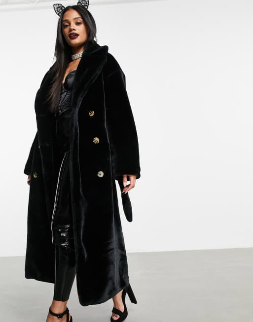 Black trench coat shop with fur collar