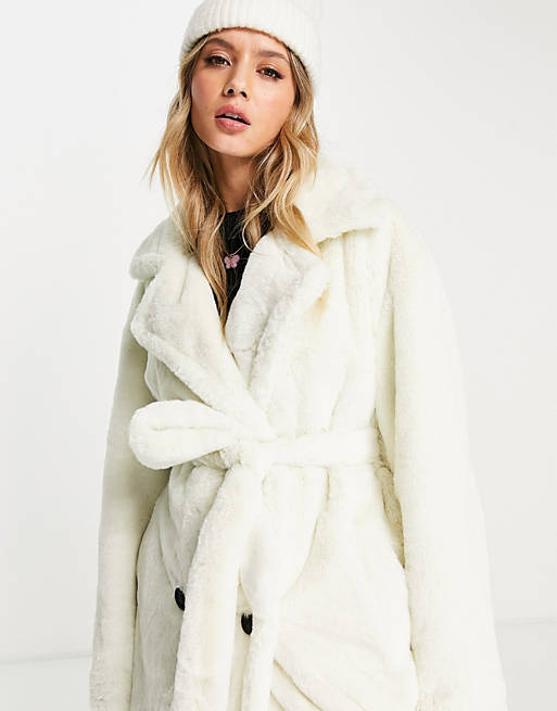  faux fur trench coat in cream 