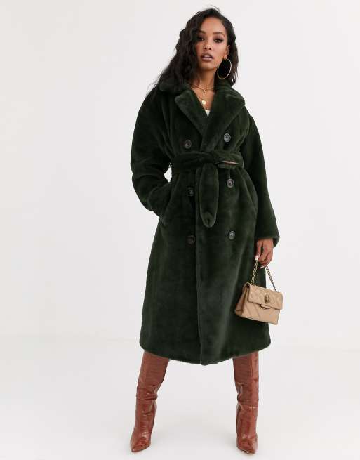 ASOS DESIGN faux fur trench coat in khaki