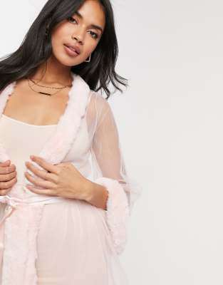 white sheer robe with fur trim