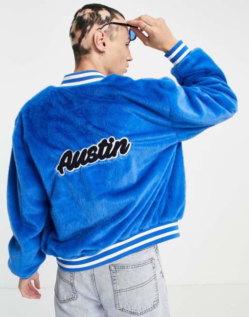 ASOS DESIGN faux fur varsity bomber jacket in blue