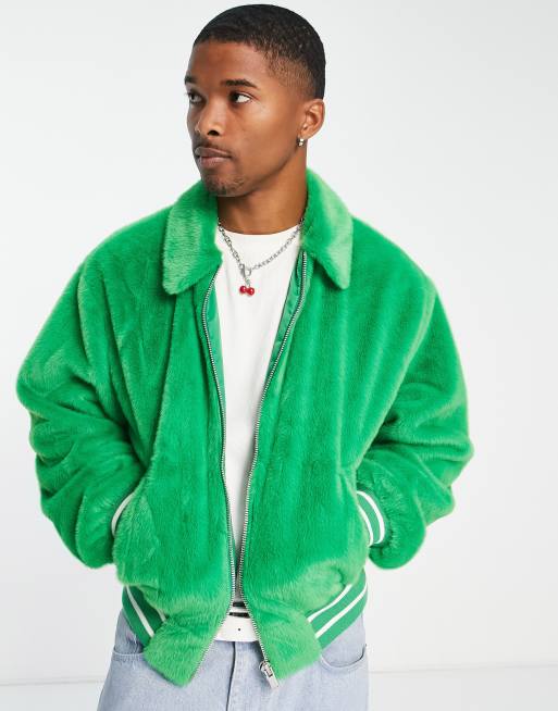 ASOS DESIGN real leather varsity bomber jacket in green