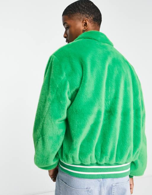 ASOS DESIGN real leather varsity bomber jacket in green