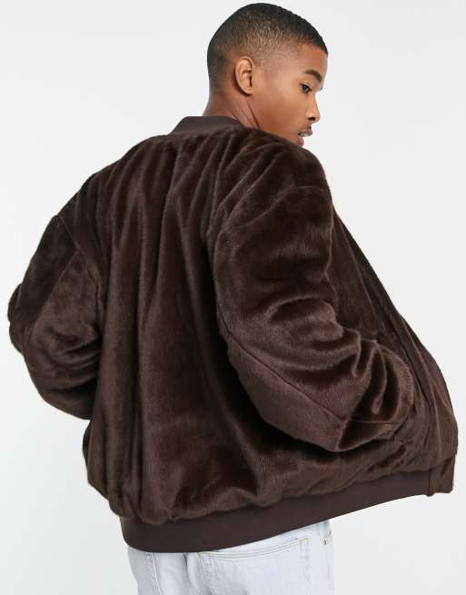 ASOS DESIGN faux fur varsity bomber jacket with embroidery in brown ASOS