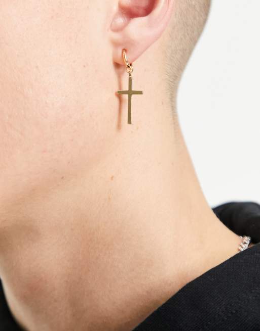 ASOS DESIGN faux hoop earrings with cross in gold tone