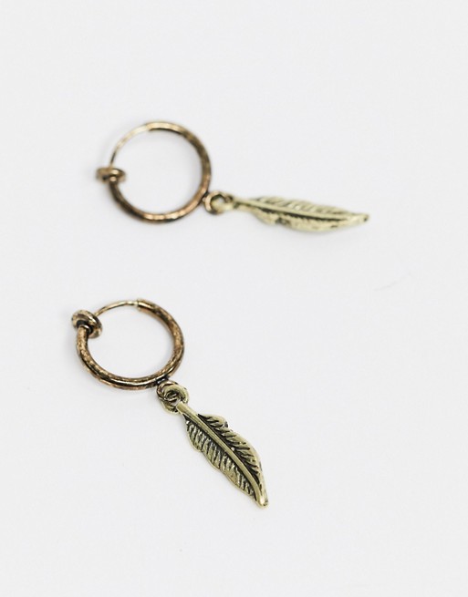 ASOS DESIGN faux 10mm hoop earrings with feather charm in burnished gold tone