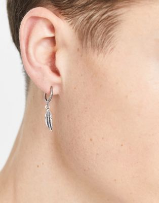 ASOS DESIGN faux hoop earrings with feathers in burnished silver tone