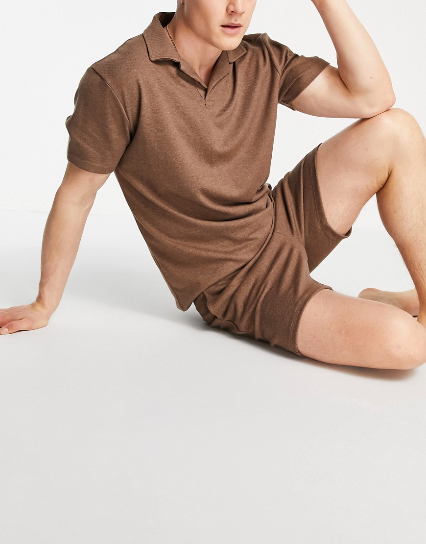 ASOS DESIGN faux knit shirt and short pajama set in brown
