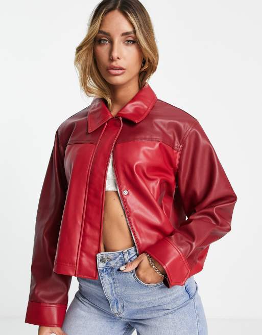 Final Sale Plus Size Collar Faux Leather Top in Red