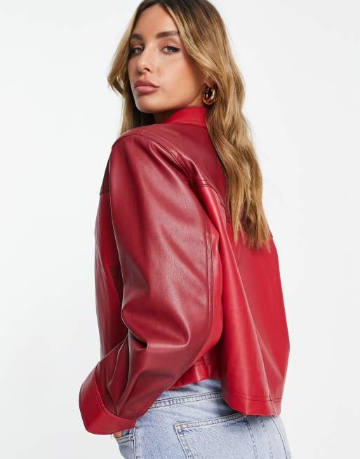 Dark red faux leather jacket sale