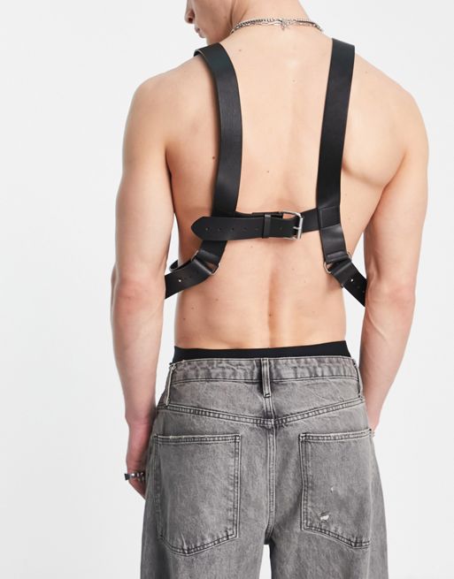 ASOS DESIGN party chest harness in black sequin with silver buckle