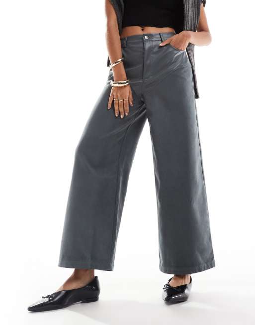 ASOS DESIGN faux leather and faux suede hybrid pants in charcoal