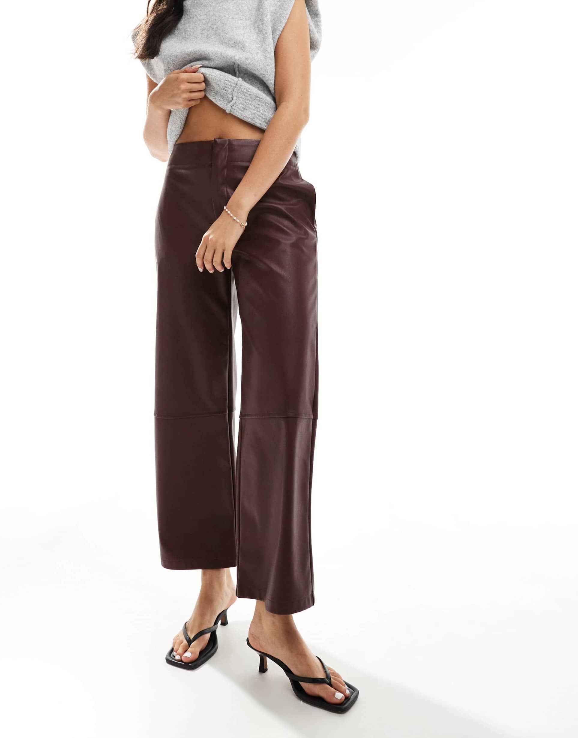 asos design faux leather ankle grazer pants in dark cherry