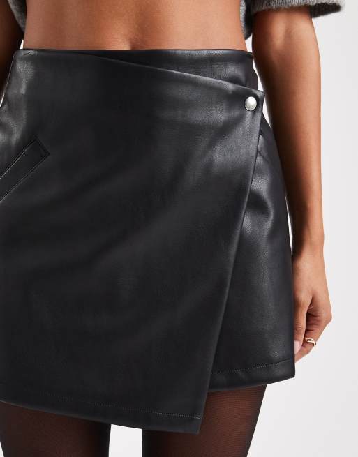 ASOS DESIGN faux leather asymmetric wrap mini skirt in black, 5 of 5