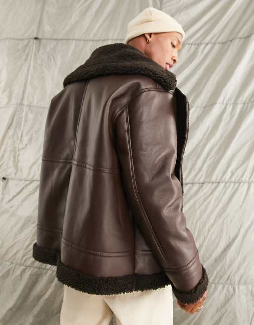 ASOS DESIGN faux leather aviator jacket in brown