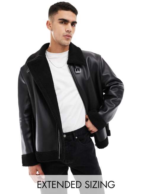 ASOS DESIGN faux leather aviator jacket with borg lining in black