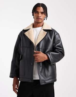 Asos Design Faux Leather Aviator Jacket With Borg Lining In Black