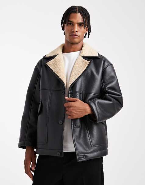 ASOS DESIGN faux leather aviator jacket with borg lining in black  - view 1