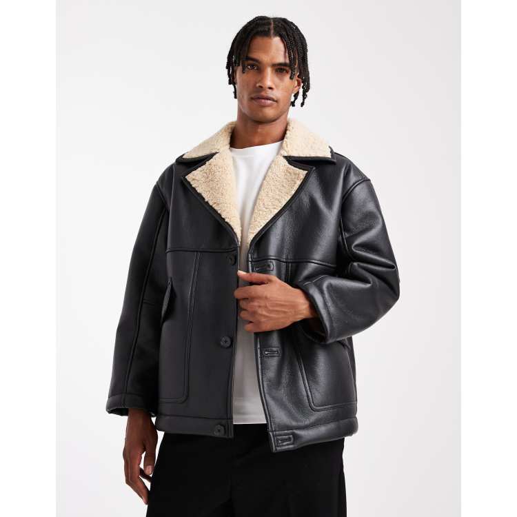 ASOS DESIGN faux leather aviator jacket with borg lining in black