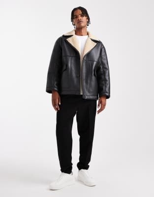 Asos Design Faux Leather Aviator Jacket With Borg Lining In Black
