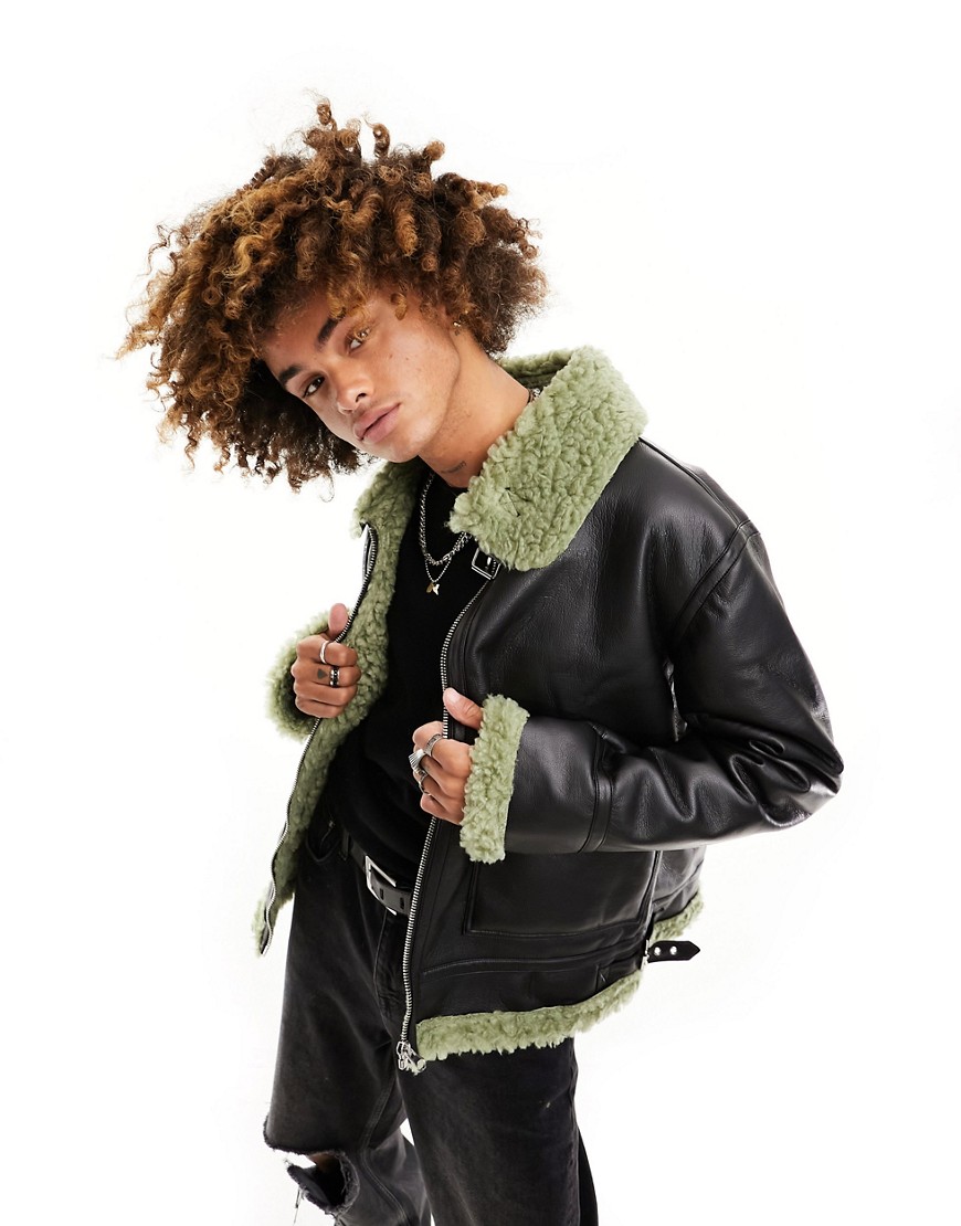 ASOS DESIGN faux leather aviator jacket with green contrast shearling collar-Black