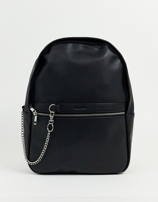 ASOS DESIGN faux leather backpack in black with silver zip and chain detail