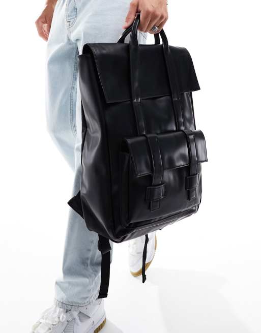 Black Faux Leather Backpack Men's Black