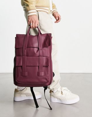 ASOS DESIGN faux leather backpack with double strap in maroon - ASOS Price Checker