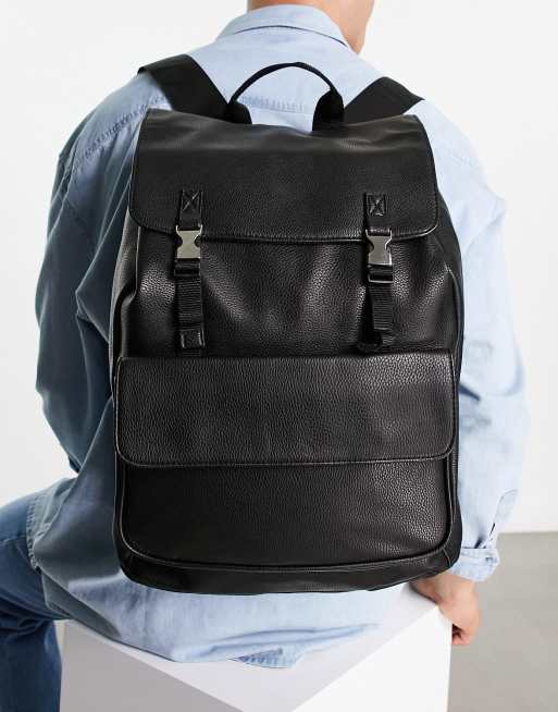 ASOS DESIGN faux leather backpack with silver clip detail in black