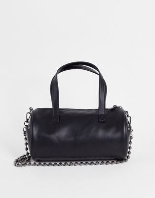 ASOS DESIGN faux leather barrel bag with chain strap in black | ASOS