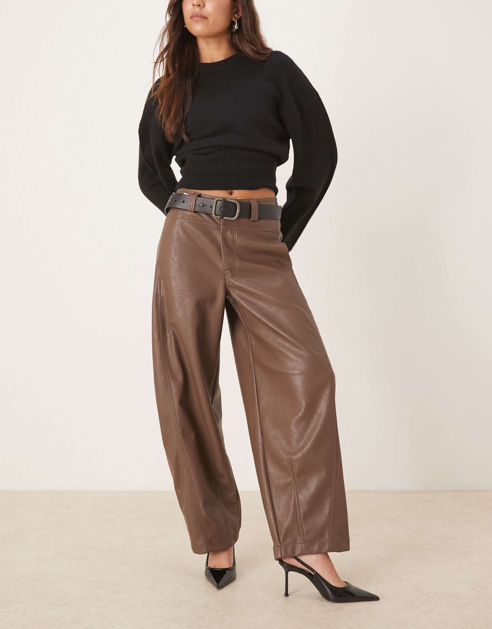 asos design faux leather barrel leg pants with seam detail in brown