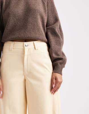 Asos Design Faux Leather Barrel Leg Pants With Seam Detail In White