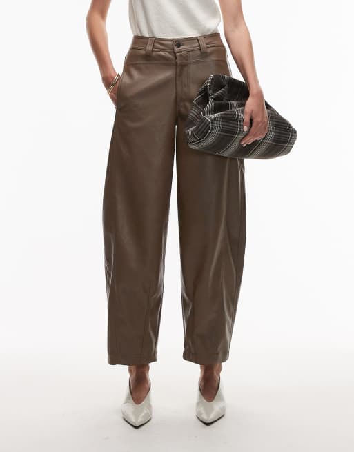 ASOS DESIGN faux leather barrel leg pants with seam detail in mocha, 2 of 5