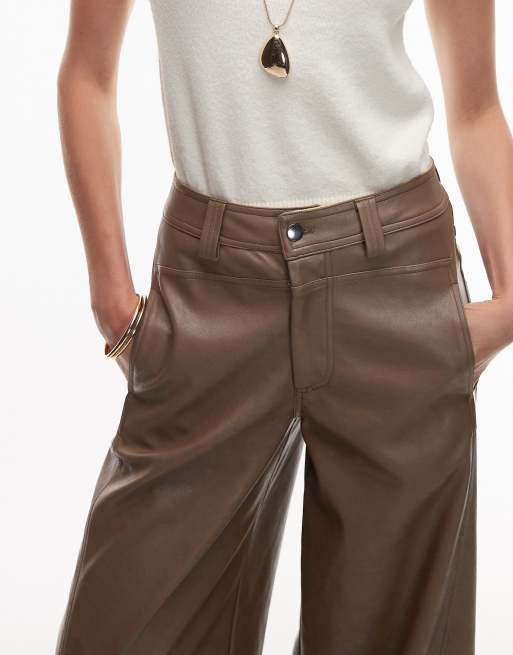 ASOS DESIGN faux leather barrel leg pants with seam detail in mocha, 3 of 5