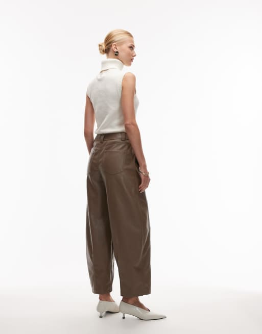 ASOS DESIGN faux leather barrel leg pants with seam detail in mocha, 4 of 5