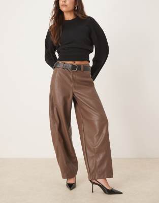 Asos Design Faux Leather Barrel Leg Pants With Seam Detail In Brown