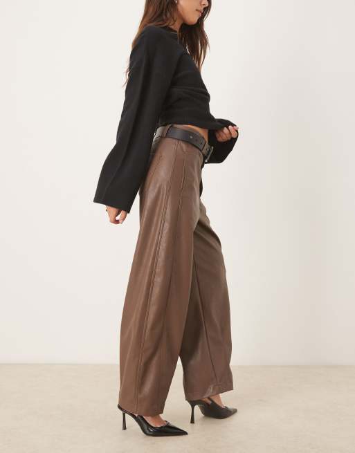 ASOS DESIGN faux leather barrel leg pants with seam detail in mushroom