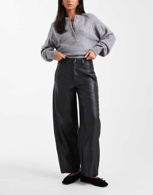 ASOS DESIGN faux leather straight leg trousers with seam detail in navy